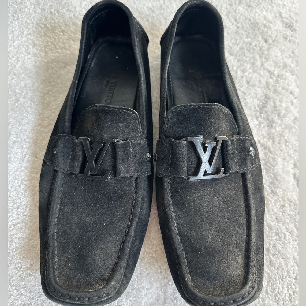 Louis Vuitton Black Suede LV Buckle Driving Loafers